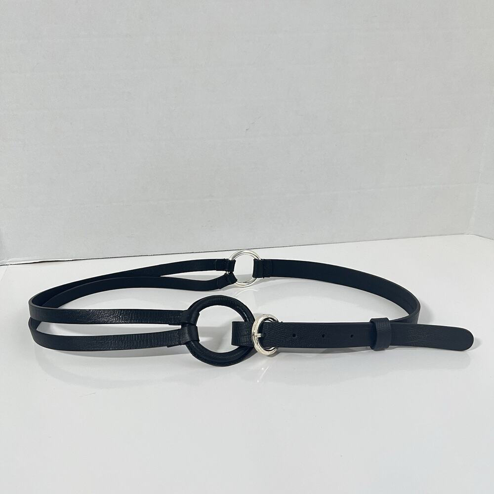 Chico's Genuine Leather Statement Belt Women Medium Black Boho Retro Ring Buckle